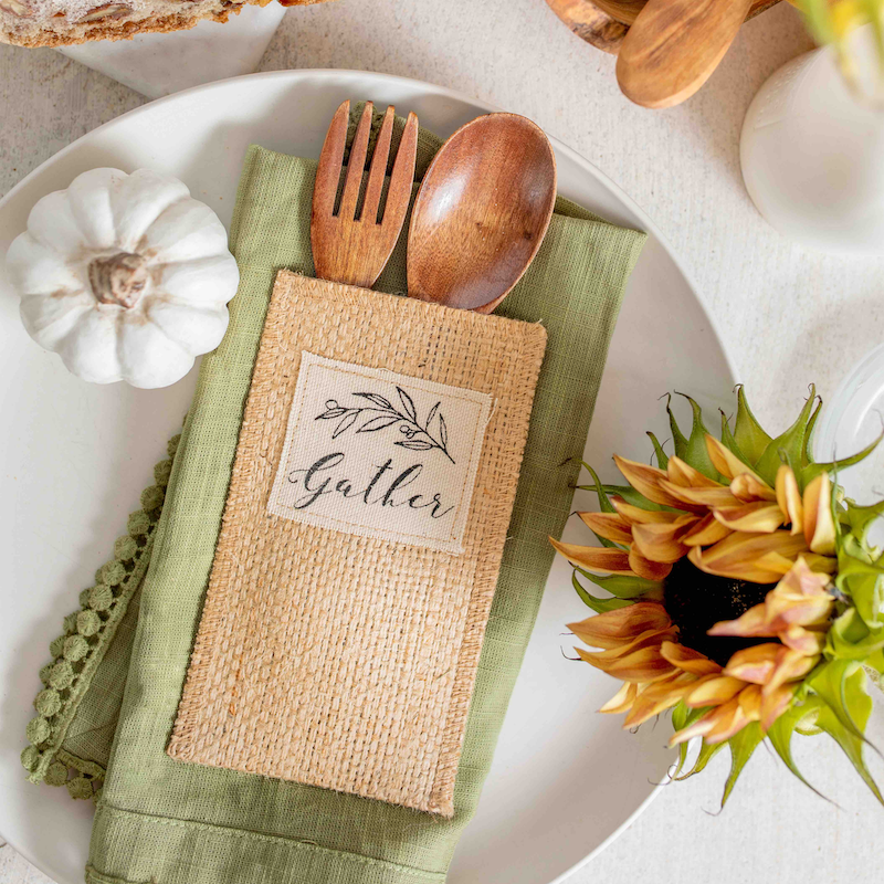 Cutlery Couture Gather silverware pouch with fall table setting and sunflower