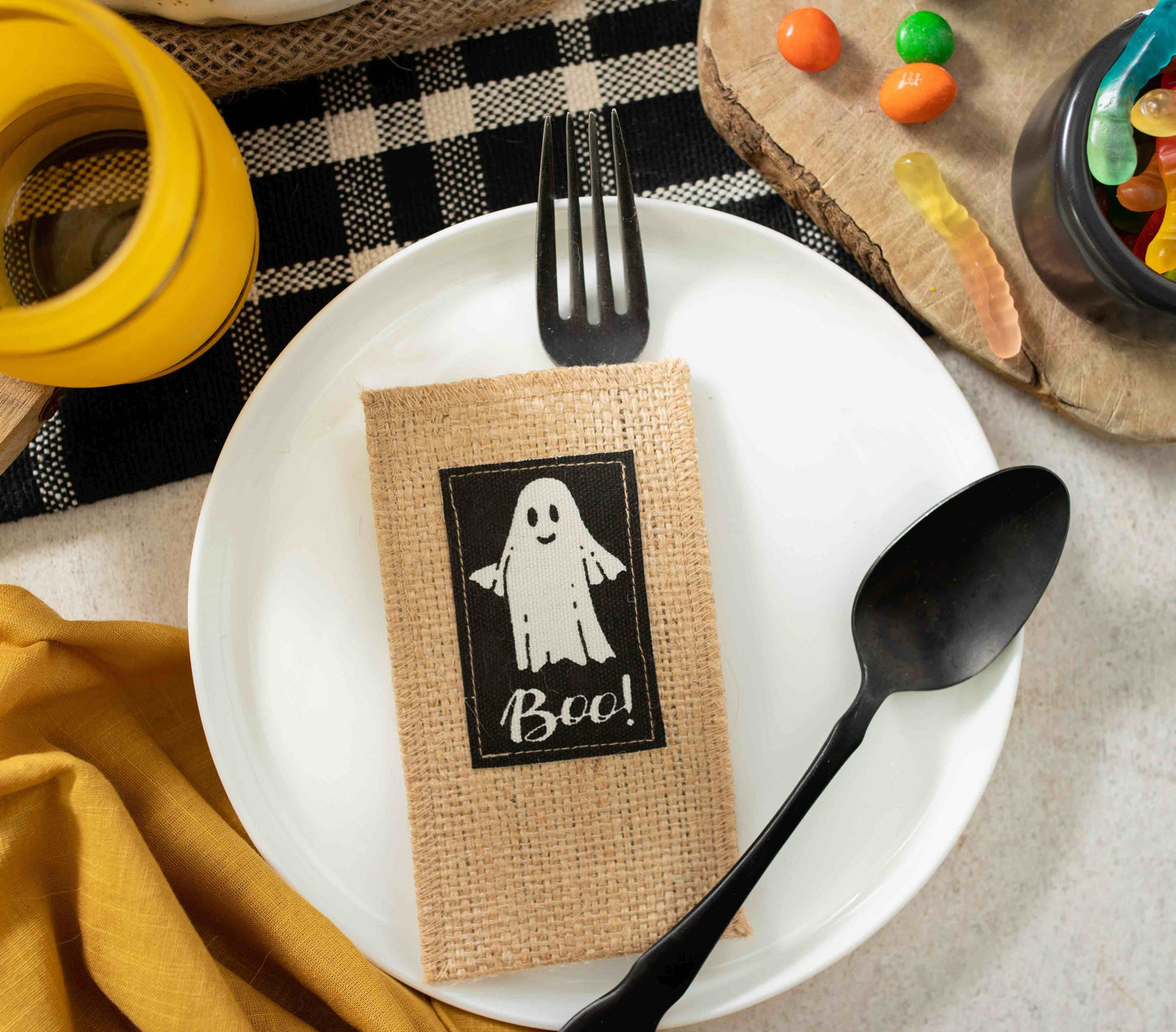 Cutlery Couture Halloween ghost silverware pouch on a fall table setting